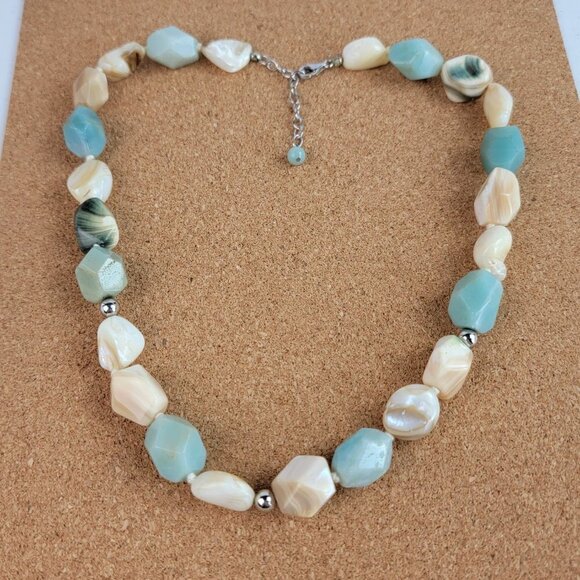 Natural Stone Multigem Beaded Necklace 20 inch Blue Green Beige Silver-Tone - Picture 6 of 14